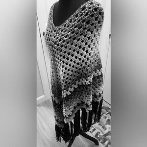 Tones of Gray and Black Crochet Poncho with Long Fringe